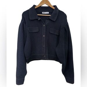 Zara Heavy Knit Cropped Jacket | Quiet Luxury Navy Puff Sleeve